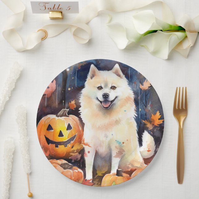 Plato De Papel Halloween American Akita con calabazas aterradoras (Boda)