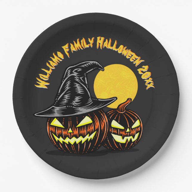 Plato De Papel Halloween Añadir nombre de familia Año Personaliza (Anverso)