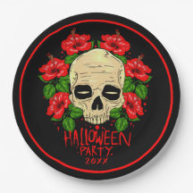 Halloween Año 20xx Calavera Rojo Hibiscus Negro 9"