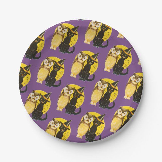 Plato De Papel Halloween anticuado, gato negro y búho (Anverso)