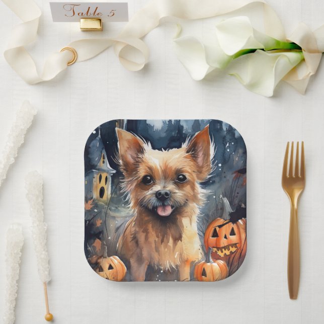 Plato De Papel Halloween Australian Terrier con Calabazas Espeluz (Boda)