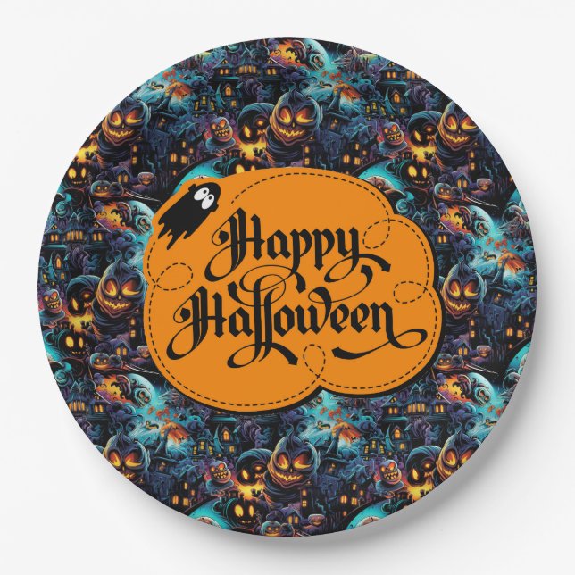 Plato De Papel Halloween azul (Anverso)