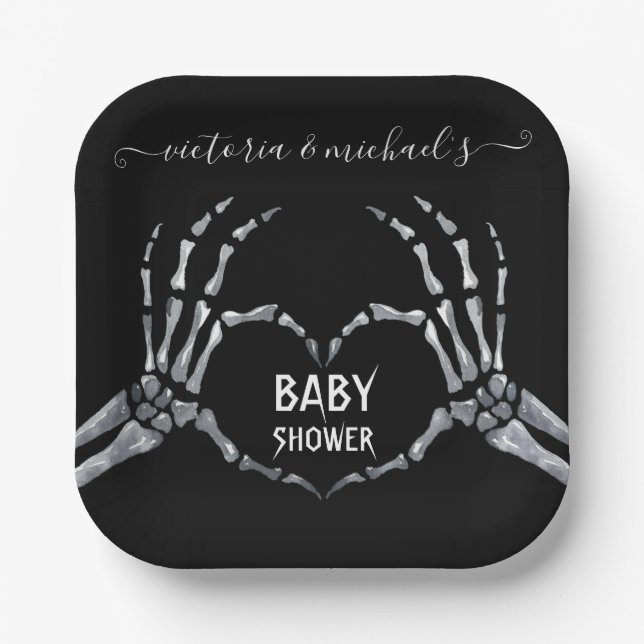 Plato De Papel Halloween Baby Shower Skeleton Hands Heart (Anverso)