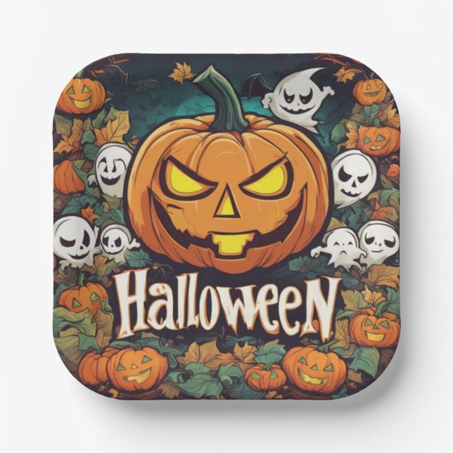 Plato De Papel Halloween-Banner mit Kürbissen und Geistern -  (Anverso)