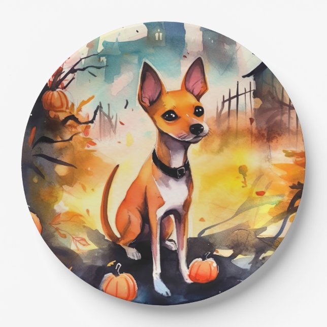 Plato De Papel Halloween Basenji con calabazas temerosas (Anverso)