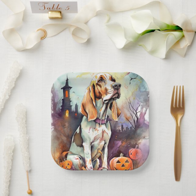 Plato De Papel Halloween Basset Hound Con Calabazas Asustadas (Boda)