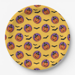 Plato De Papel Halloween Bats & Jack-O-Lantern Amarillo