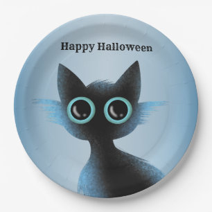 Plato De Papel Halloween Big Eyes Black Blue Evil Cat