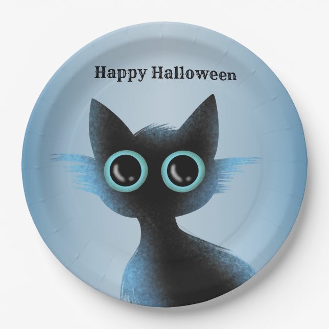 Plato De Papel Halloween Big Eyes Black Blue Evil Cat (Anverso)
