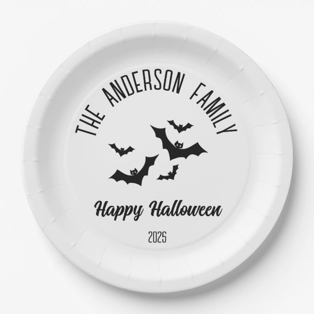Plato De Papel Halloween Black Bats Nombre personalizado año (Anverso)