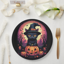 Plato De Papel Halloween Black CAT con Calabaza y GORRA de Brujas
