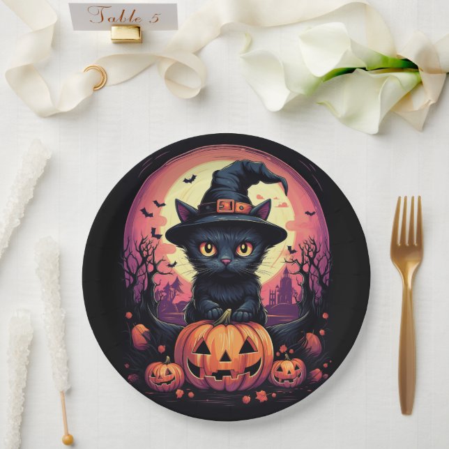 Plato De Papel Halloween Black CAT con Calabaza y GORRA de Brujas (Boda)