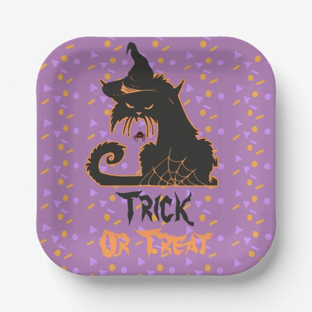 Plato De Papel Halloween Black Cat Fiesta Confetti (Anverso)