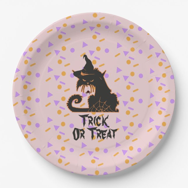 Plato De Papel Halloween Black Cat Fiesta Confetti Pink (Anverso)