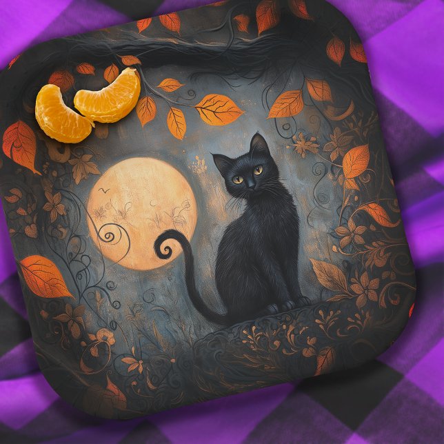Plato De Papel Halloween Black Cat Ornate Moody Full Moon (Halloween Black Cat Ornate Moody Full Moon Paper Plates)
