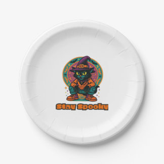 Plato De Papel Halloween Black Cat � Stay Spooky Retro Witch Cat