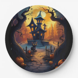 Plato De Papel Halloween/Black Cat/Witch/Wizard Crooked House