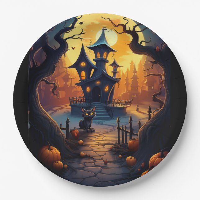 Plato De Papel Halloween/Black Cat/Witch/Wizard Crooked House (Anverso)