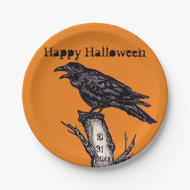 Plato De Papel Halloween Black Naranja Gothic Raven Crow Date (Anverso)