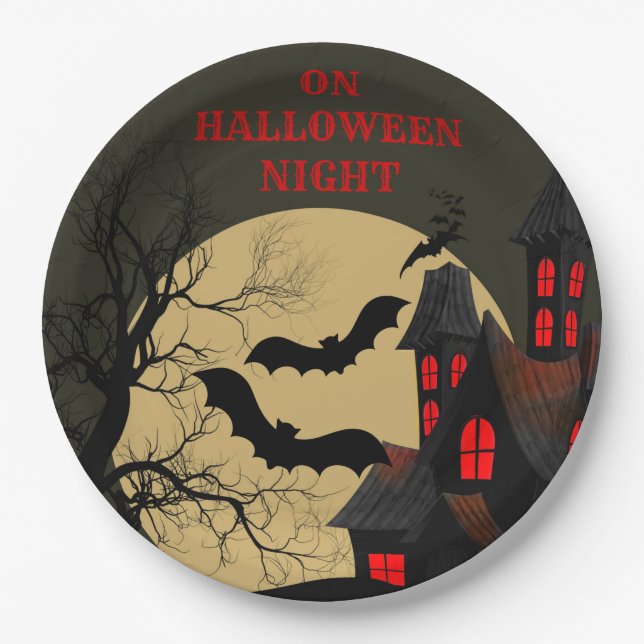 Plato De Papel Halloween Black Red Hauned House Bat Full Moon (Anverso)