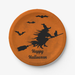 Plato De Papel Halloween Black Witch Flying Naranja Moon