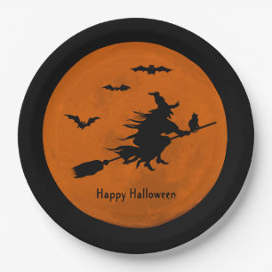 Plato De Papel Halloween Black Witch Flying Naranja Moon