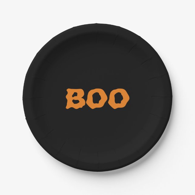 Plato De Papel Halloween Boo naranja negro espantado (Anverso)