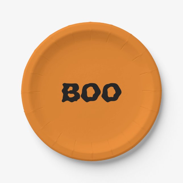 Plato De Papel Halloween Boo negro y naranja espeluznante (Anverso)