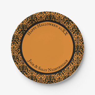 Plato De Papel Halloween Brocado Damask Victoriano Negro sobre Na