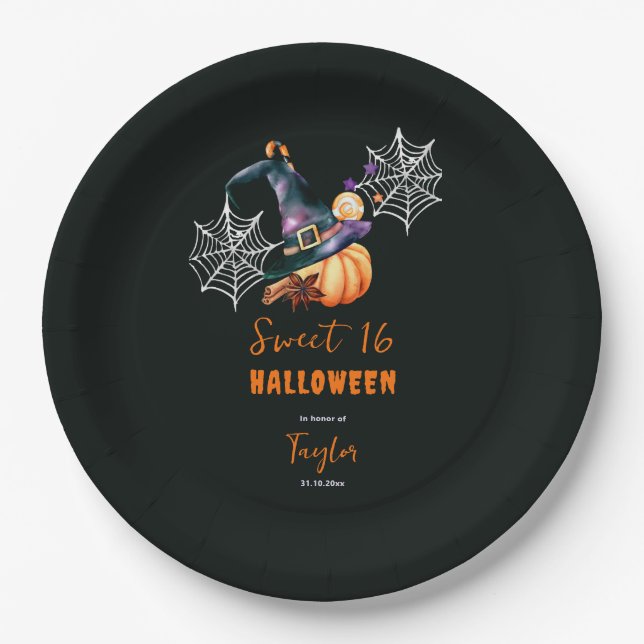 Plato De Papel Halloween Calabaza Gorra de Brujas Fantasmas dulce (Anverso)