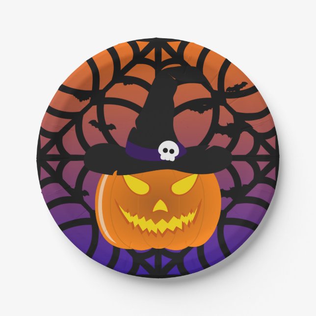 Plato De Papel Halloween Calabaza Jack o’ Lantern Witch Gorra (Anverso)