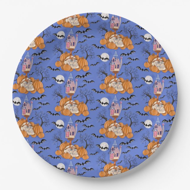 Plato De Papel Halloween, calabazas, cráneo y murciélagos placas  (Anverso)