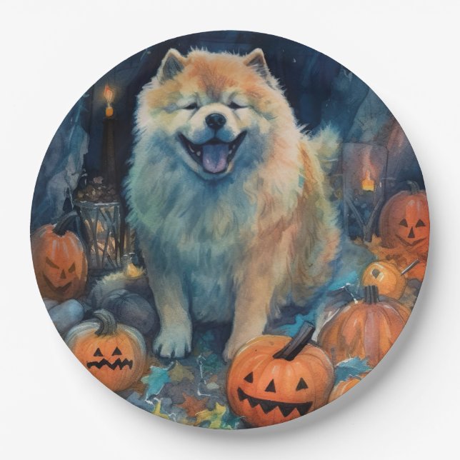 Plato De Papel Halloween Chow Chow Con Calabazas Asustadas (Anverso)