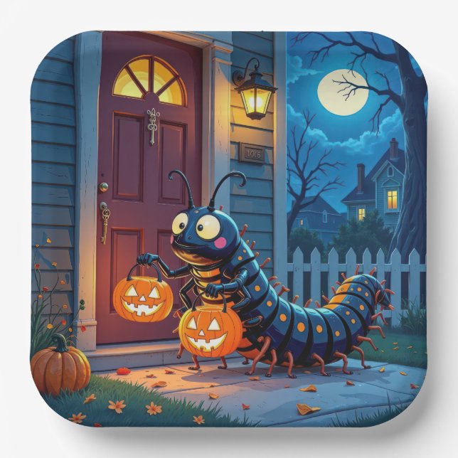 Plato De Papel Halloween Ciempiés Pidiendo Dulces (Anverso)