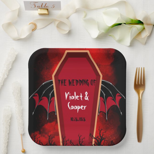 Plato De Papel Halloween Coffin Bat Wings Black Red Boda (Boda)