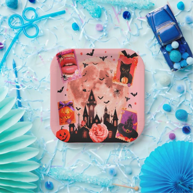Plato De Papel Halloween Collage Soft Feminine (Fiesta)