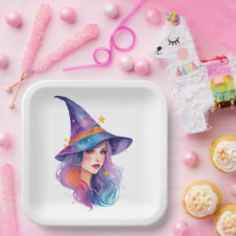Plato De Papel Halloween colorido de dibujos de brujas