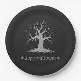 Plato De Papel Halloween con árbol plateado