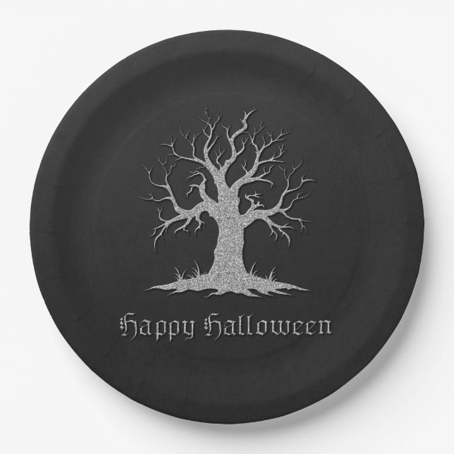 Plato De Papel Halloween con árbol plateado (Anverso)