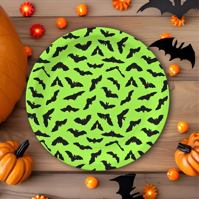 Plato De Papel Halloween con el patrón de murciélago verde limón (Subido por el creador)