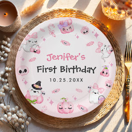 Plato De Papel Halloween con fantasía rosada lindo Primer cumplea