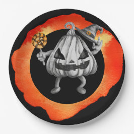 Plato De Papel Halloween con fantasmas y calabaza