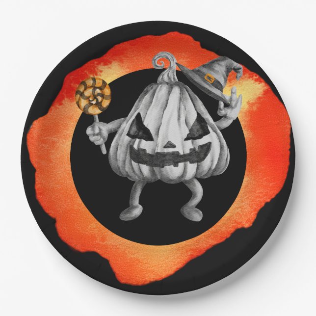 Plato De Papel Halloween con fantasmas y calabaza (Anverso)