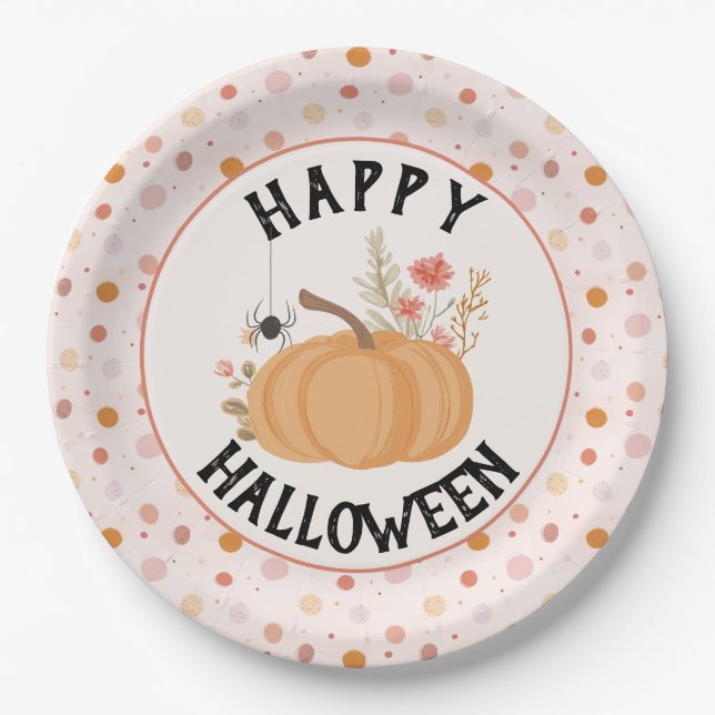 Plato De Papel Halloween con flores rosadas (Anverso)
