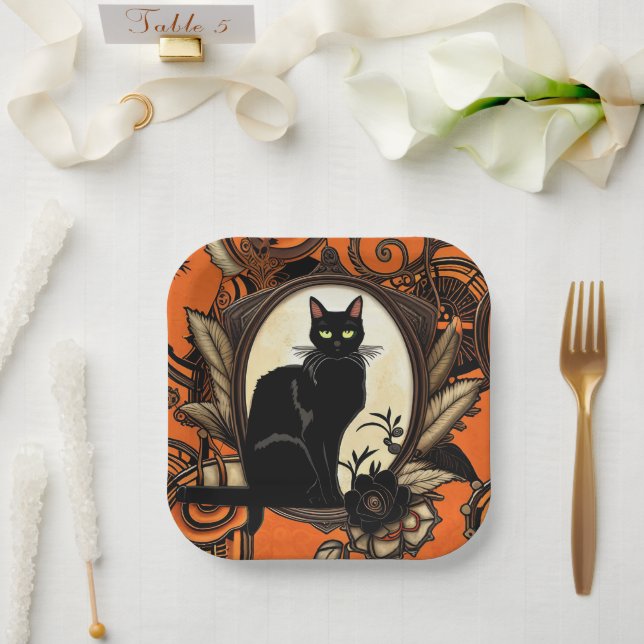Plato De Papel Halloween con gato negro Steampunk (Boda)