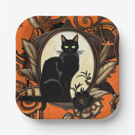 Plato De Papel Halloween con gato negro Steampunk