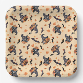 Plato De Papel Halloween con gatos y calabazas