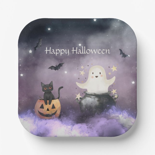 Plato De Papel Halloween con gatos y fantasmas (Anverso)