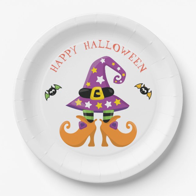 Plato De Papel Halloween con pies de bruja divertidos (Anverso)