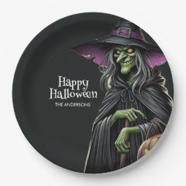 Plato De Papel Halloween con temática de bruja asustada